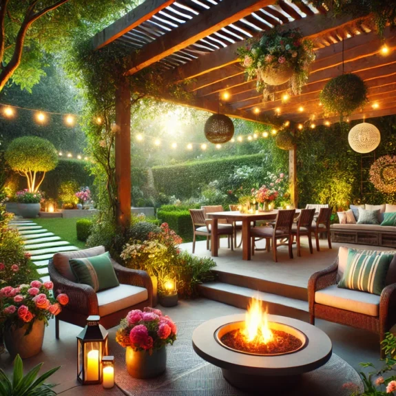 DALL·E 2024-10-31 11.29.14 - A serene and inviting outdoor living space featuring a cosy patio with comfortable seating, a fire pit surrounded by chairs, lush greenery and colourf